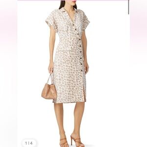 Joie Coady Dress Linen Button Front Midi Dress XS Tan Leopard Print Resort Wear